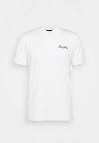 White polo shirt made of cotton, featuring a classic collar, short sleeves, and "Jack & Jones" logo in dark blue and orange.