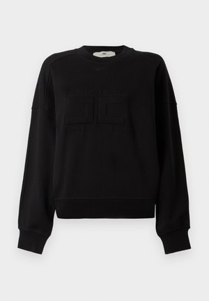 Black sweatshirt made of soft cotton, featuring a relaxed fit, crew neck, and embossed text detail on the front. Long sleeves with ribbed cuffs.