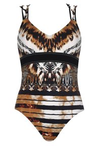 Maillot de bain une pièce avec un motif tie-dye en marron, noir et blanc, détails en bande noire et bretelles réglables.