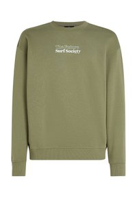 Olivengrøn sweatshirt, crew neck, ribbede manchetter og kant, med hvid tekst "The Future Surf Society" på forsiden. Blød stoftekstur.