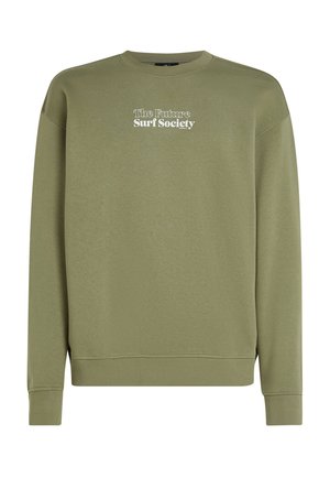 Olijfgroene sweatshirt, ronde hals, ribgebreide manchetten en onderrand, met op de voorkant witte tekst "The Future Surf Society". Zachte stof.