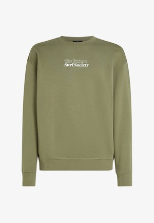 Felpa verde oliva, collo a giro, con polsini e orlo a costine, presenta sulla parte anteriore il testo bianco "The Future Surf Society". Tessuto morbido.