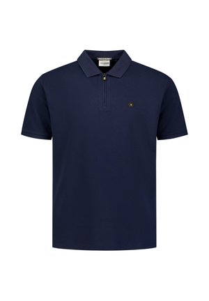 Marineblauw poloshirt met korte mouwen, kraag, halve rits aan de voorkant en klein zeshoekig logo op de linkerborst.