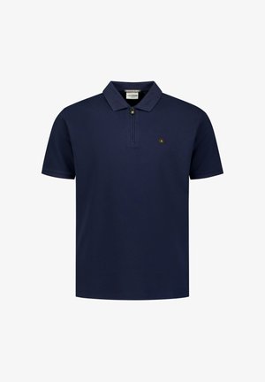 Marineblauw poloshirt met korte mouwen, kraag, halve rits aan de voorkant en klein zeshoekig logo op de linkerborst.