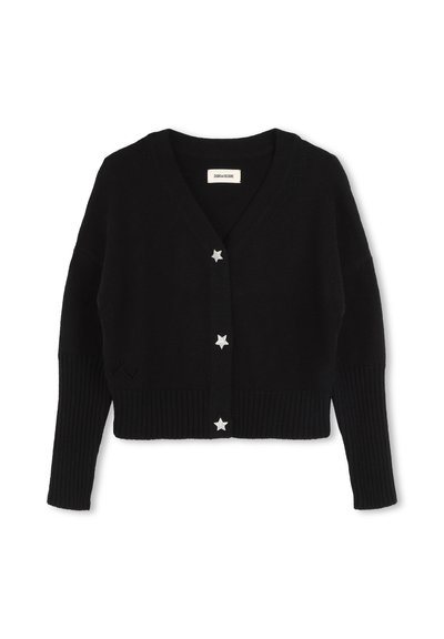 Zwarte cardigan met een v-hals, lange mouwen, geribbelde zoom en stervormige zilveren knopen aan de voorkant. Zacht gebreid materiaal.