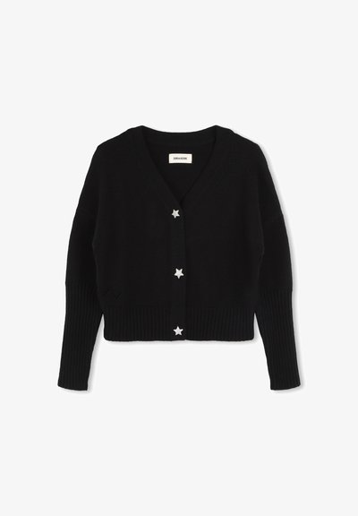 Zwarte cardigan met een v-hals, lange mouwen, geribbelde zoom en stervormige zilveren knopen aan de voorkant. Zacht gebreid materiaal.