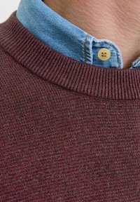 Maglione lavorato a maglia color bordeaux con colletto a coste abbinato a una camicia celeste con colletto, caratterizzata da un bottone al colletto.
