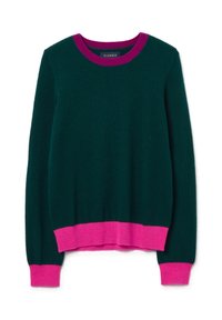 Maglione verde in lana con un colletto e un orlo a coste rosa. Presenta maniche lunghe e una vestibilità rilassata. Texture morbida con dettagli minimi.