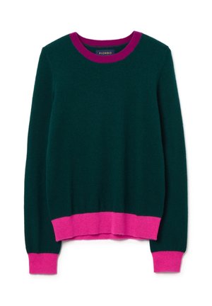 Maglione verde in lana con un colletto e un orlo a coste rosa. Presenta maniche lunghe e una vestibilità rilassata. Texture morbida con dettagli minimi.