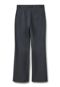 Pantalons habillés droits gris foncé avec passants de ceinture, fermeture éclair à l'avant et finition épurée et ajustée.