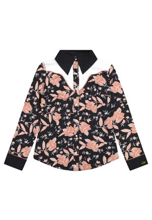 Langarmshirt van zwarte stof met een bloemenprint in perzik en wit. Voorzien van een grote kraag en contrasterende witte schouderdetails.