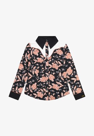 Long-sleeve shirt in black fabric with a floral print in peach and white. Features a large collar and contrasting white yoke detail.