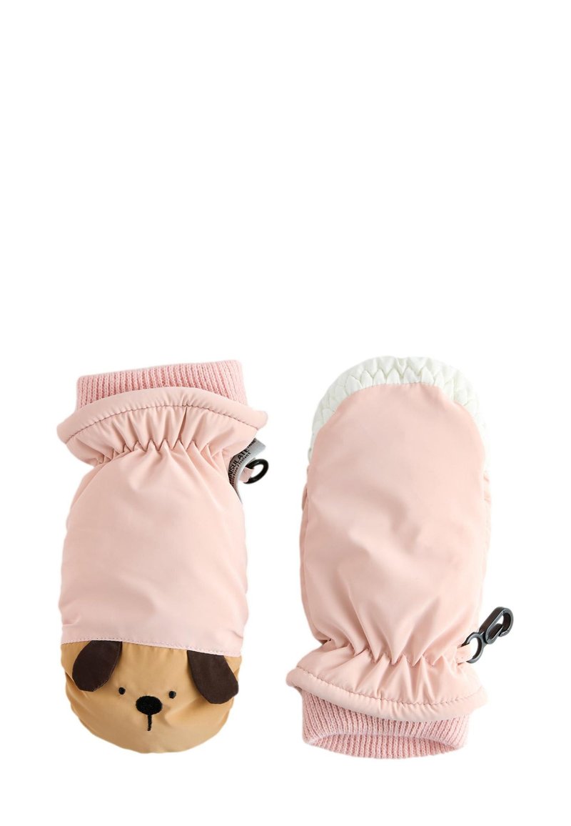 Moufles pour enfant en matériau rose doux avec motif de visage de chien. Poignets élastiques pour un ajustement sécurisé. Texture extérieure lisse, base en caoutchouc blanc.