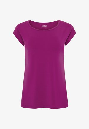 Camiseta corta de manga corta en púrpura vibrante con cuello redondo, hecha de una tela suave, que presenta un corte relajado y una textura suave.