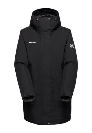 Schwarze Mammut wasserdichte Winterjacke mit Kapuze, langen Ärmeln und Logopatches auf der Brust und dem Oberarm.