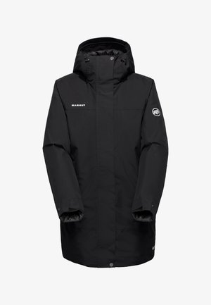 Zwarte Mammut waterdichte winterjas met capuchon, lange mouwen en logopatches op de borst en bovenarm.