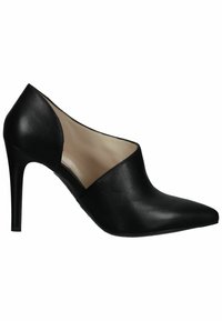 Scarpa nera in pelle con tacco alto, punta affusolata, lati aperti e tacco a stiletto sottile. Texture liscia con accenti minimi.