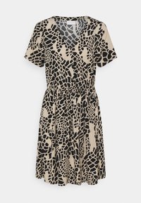 Lyhythihainen musta ja beige mekko V-päällä, jossa on abstrakti kuvio ja solmittava vyötärö säädettävää istuvuutta varten. Kevyt kangas.