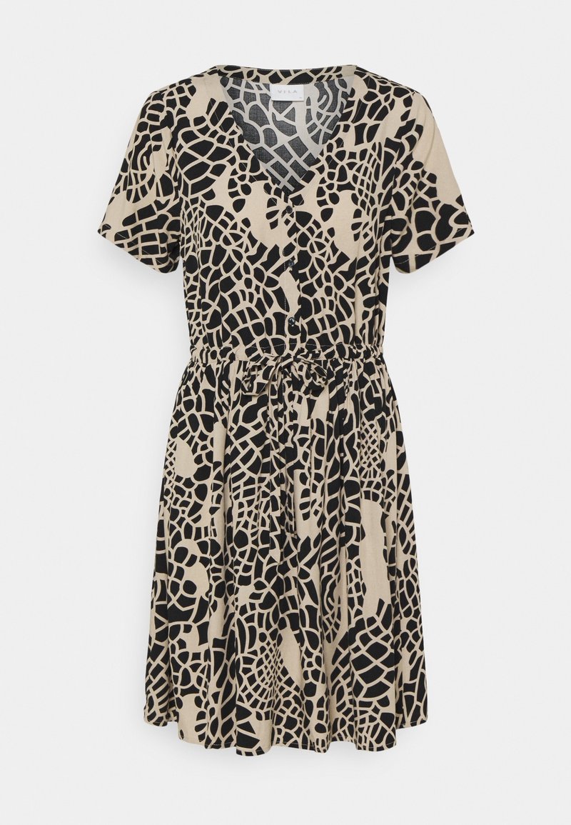 Lyhythihainen musta ja beige mekko V-päällä, jossa on abstrakti kuvio ja solmittava vyötärö säädettävää istuvuutta varten. Kevyt kangas.