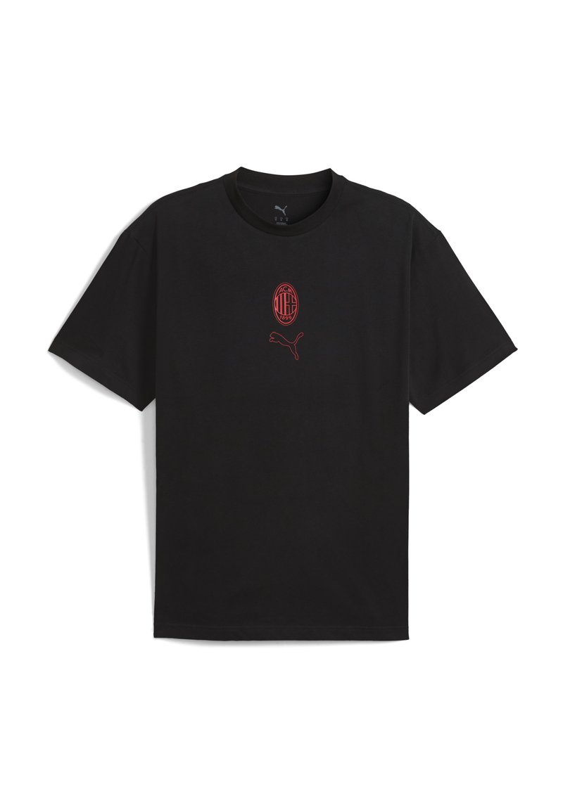 Sort bomulds t-shirt med korte ærmer, prydet med et rødt AC Milan-logo og Puma-emblem på brystet. Klassisk crew neck design.