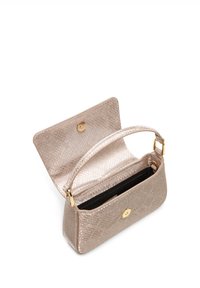 Metallic faux leather handbag, round shape, with a structured design. Features a clasp closure, a short handle, and black interior lining.