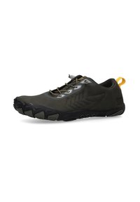 Black and green athletic shoe with a textured surface, rubber sole, reinforced toe, and yellow pull tab; features grey accents and patterned laces.
