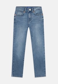 Lyseblå denimjeans med rett snitt, fem lommer, koppernitter og knappelukking i livet.