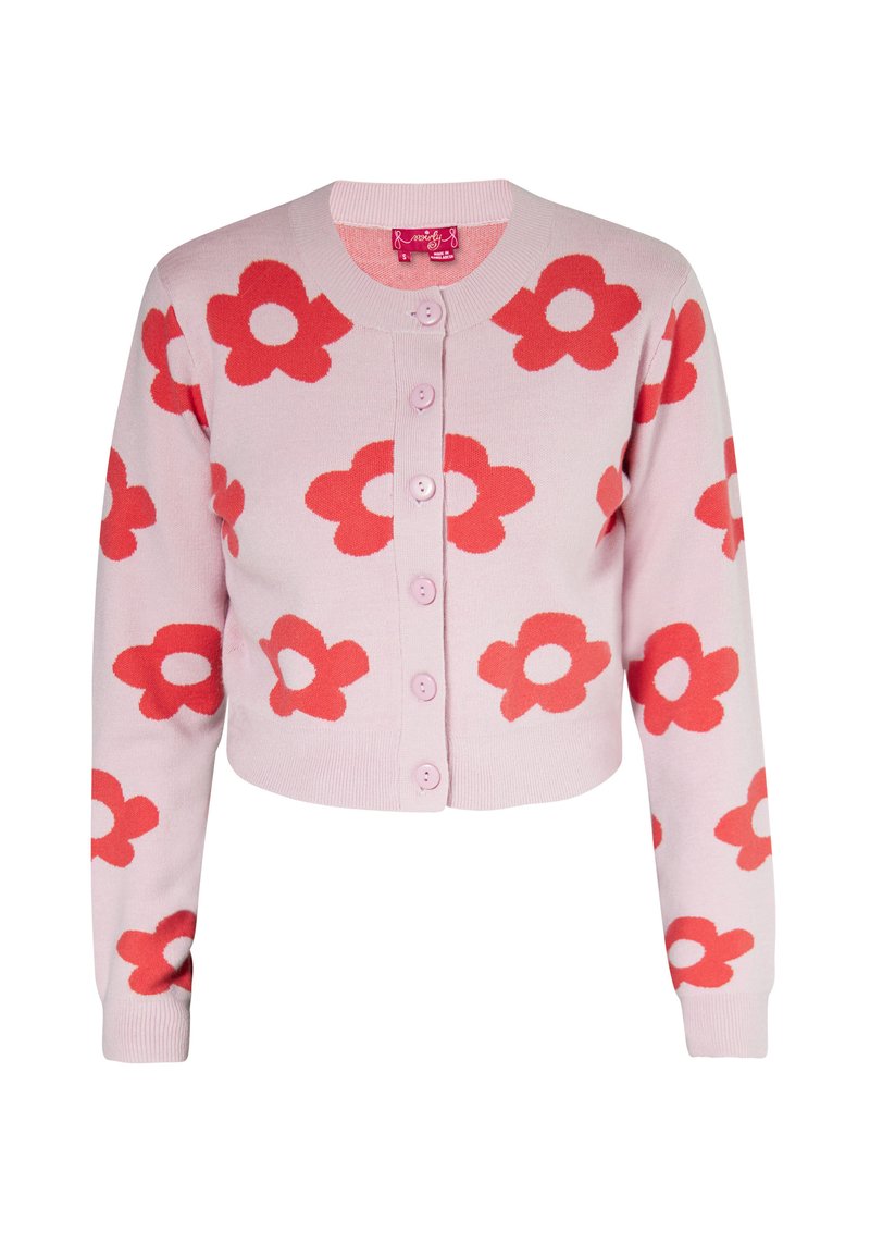 Cárdigan rosa con un diseño corto, que presenta llamativos patrones de flores rojas y un escote redondeado. Seis botones a juego en el frente.