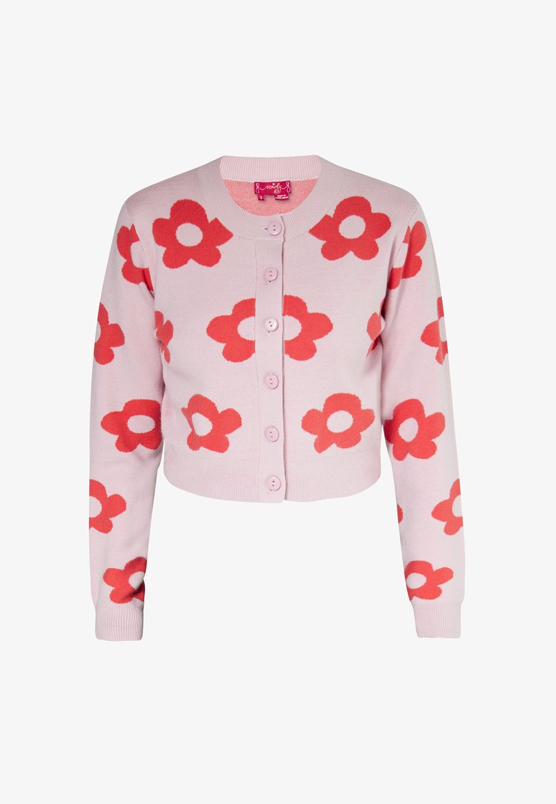 Cárdigan rosa con un diseño corto, que presenta llamativos patrones de flores rojas y un escote redondeado. Seis botones a juego en el frente.