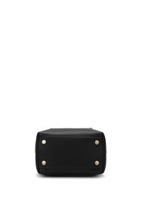 Black leather handbag with a structured rectangular shape, featuring four gold metal studs on the base for stability and durability.