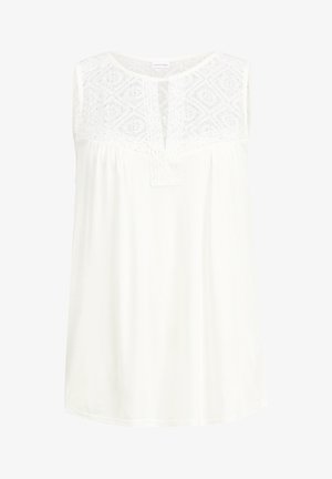 Hvid ærmeløs top med blonder ved skuldrene og diamantmønstre, en V-halsudskæring og blødt, flydende stof. Let og behagelig design.