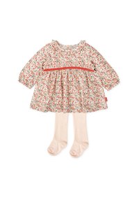 Robe florale en tissu rose doux, avec des manches longues, un col à volants et une ceinture orange ; associée à des collants rose clair.