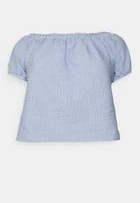 Top descaído com mangas curtas e bufantes, com riscas horizontais azuis e brancas, tecido texturizado e decote elástico.