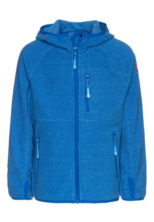 Blue fleece jacket with a hood, featuring contrasting zippers and pockets. Textured fabric with a subtle pattern, designed for warmth and comfort.