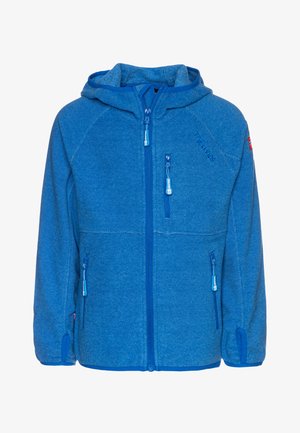 Blue fleece jacket with a hood, featuring contrasting zippers and pockets. Textured fabric with a subtle pattern, designed for warmth and comfort.