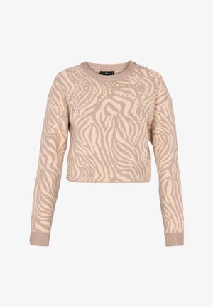 Beige cropped trui met een zebrapatroon, met een gestructureerd oppervlak en decoratieve studs aan de voorkant. Geribde mouwen en onderrand.