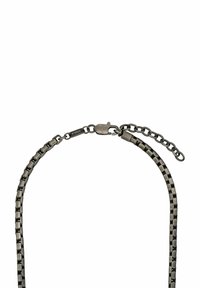 Metallkettend necklace in Dunkelgrau mit rechteckigem Glieddesign, einem Karabinerverschluss und einer verstellbaren Kettenverlängerung.