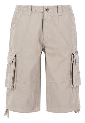 Beige Cargo-Shorts aus leichtem Material, mit Seitentaschen, Knopfverschluss und knielangem Schnitt mit verstellbaren Säumen.