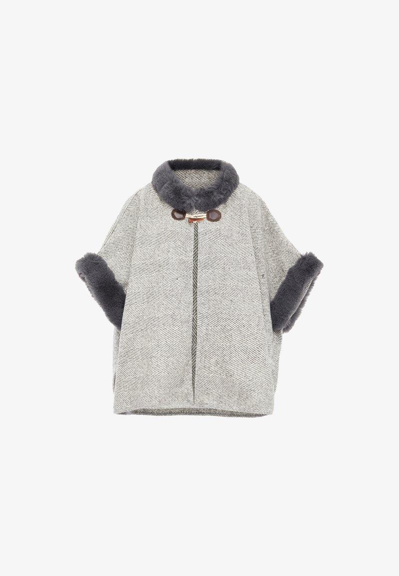 Grauäußeren Stoff im Fischgrätmuster mit einem Kragen und Bündchen aus dunkelgrauem Kunstfell. Geschlossen mit einem braunen Knopf und einer Schlaufe.