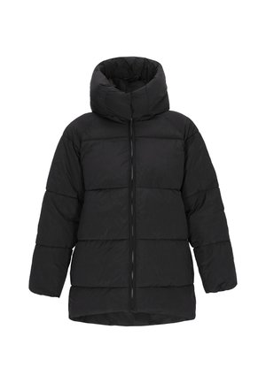 Schwarze Daunenjacke mit hohem Kragen, gestepptem Design, Frontreißverschluss und weiten Ärmeln. Das Material wirkt weich mit einer glatten Textur.