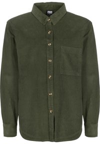 Koszula z korduroy w oliwkowym kolorze z zapięciem na guziki z przodu, kieszonką na piersi i długimi rękawami, które mają paski zapinane na guziki. Złote guziki akcentują projekt.