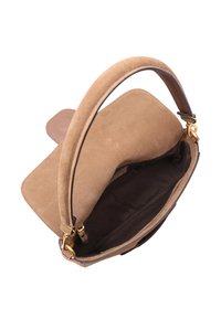 Brown suede handbag with a top handle, open compartment, and gold hardware accents. Features a soft texture and smooth leather trim.