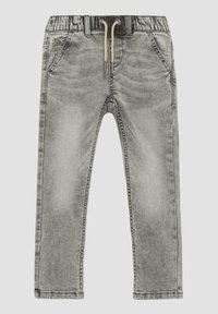 Grijze denim broek met een elastische tailleband en trekkoord, voorzien van voorkruiden, een slim fit en een vervaagde textuur met subtiele wassing.