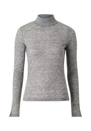 Sudadera gris de manga larga con cuello de tortuga, hecha de una suave tela texturizada, con un diseño ajustado y aberturas laterales en el dobladillo para mayor libertad de movimiento.