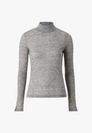 Sudadera gris de manga larga con cuello de tortuga, hecha de una suave tela texturizada, con un diseño ajustado y aberturas laterales en el dobladillo para mayor libertad de movimiento.