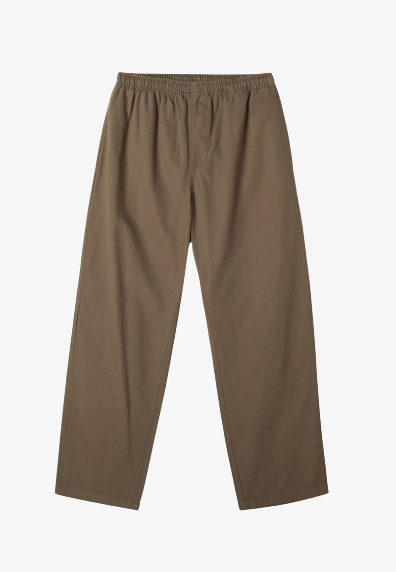Brązowe, szerokie spodnie z elastycznym pasem i bez widocznych zapięć, wykonane z gładkiego, lekkiego materiału.