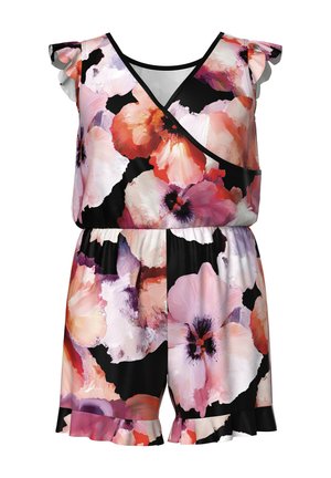 Ærmeløs overall med stort pink, lilla og orange blomsterprint, V-hals med slå-om-front, elastisk talje samt flæsekant på ærmer og ben.