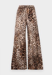 Παντελόνια με φαρδύ πόδι και ρυθμιζόμενο ζωνάκι, με καφέ και μαύρο μοτίβο λεοπάρ σε μπεζ φόντο.