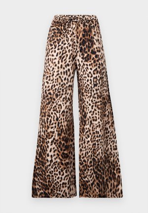 Pantalon à jambes larges avec ceinture ajustable, présentant un motif léopard marron et noir sur fond beige.