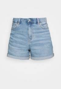 Světle modré džíny kraťasy s vysokým pasem, ohrnutými lemy, pětipolotovým designem a měděným zapínáním. Hladká textura s vybledlým efektem.